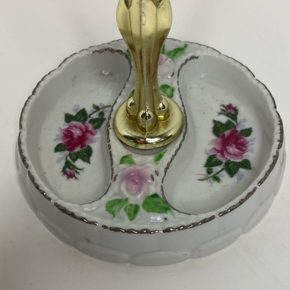 Porcelain Trinket Dish with Gold Tone Handle Embossed Roses and Painted Roses - Picture 4 of 7